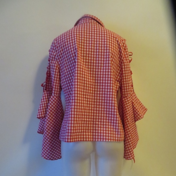 MEBOUTIQUE RED/WHITE CHECK TOP, TIE/FLARE SLEEVE-M - Picture 6 of 8